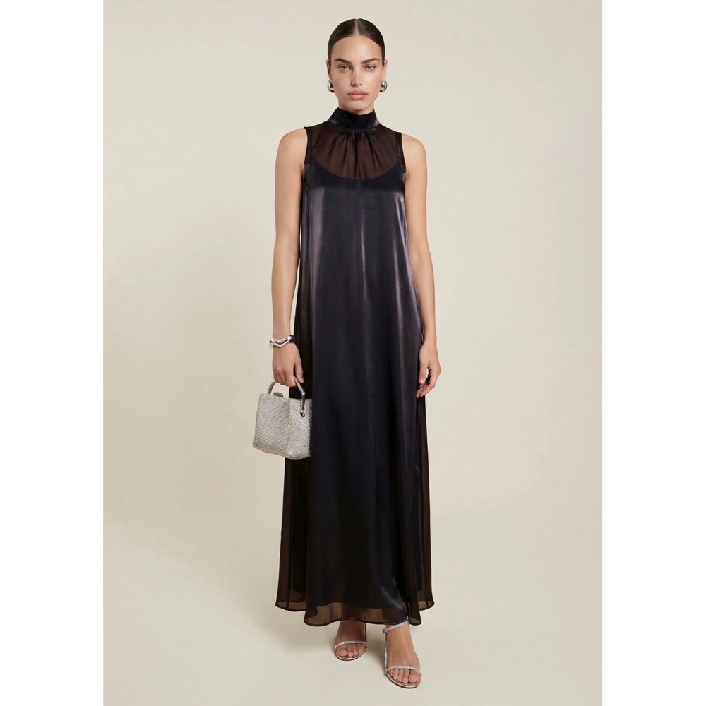 CAARA Alessa Navy Blue Sheer High Neck Satin Maxi Dress C25WDRP0152SC Size M